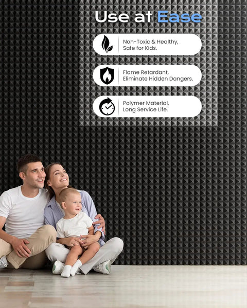 Family enjoying peaceful environment with Pro Level Sound Proof Acoustic Panels 64 Pack 2X12X12 Peel And Stick on wall.