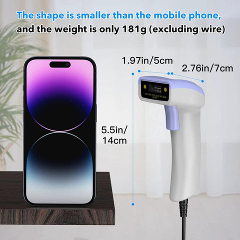 USB 1D Barcode Scanner Handheld Wired CCD Image Scanner That Reads Code 128 UPC EAN From Paper Or Screen next to smartphone
