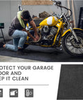 Motorcycle on 60 By 36 Inch Oil Spill Mat For Garages And Driveways catching leaks, heavy duty absorbent floor pad, waterproof backing