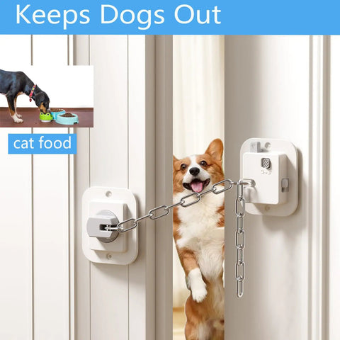 Adjustable Cat Door Stopper That Holds Entryways Wide While Keeping Pups Out Zero Drill Setup showing door with chain.