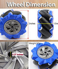 4WD mecanum wheel Arduino chassis with dimensions and weight, featuring blue and gray wheel for robotics projects.