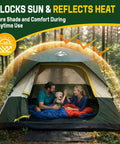 Family inside 4 Person Camping Tent With Instant Setup In About 50 Seconds, Rainfly And Windproof Design, forest backdrop.
