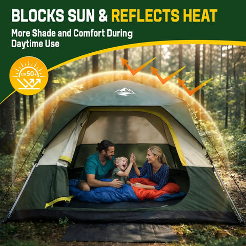 Family inside 4 Person Camping Tent With Instant Setup In About 50 Seconds, Rainfly And Windproof Design, forest backdrop.