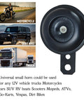 Waterproof 12V Universal Air Horn for Motorcycles and Cars, 105 dB horn with weatherproof design next to vehicle examples, easy install