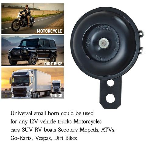 Waterproof 12V Universal Air Horn for Motorcycles and Cars, 105 dB horn with weatherproof design next to vehicle examples, easy install