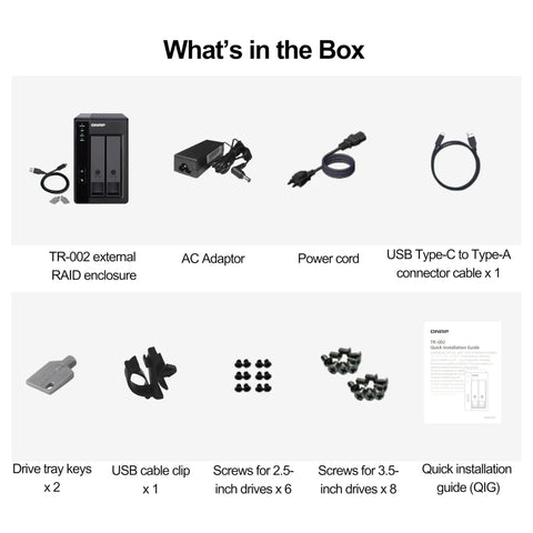 What's in the box of Dead Simple Setup Two Bay Usb Type C Direct Attached Storage Enclosure With Hardware Raid Support For Ssd And Hdd Drives.