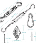 Heavy Duty Stainless Steel Sun Shade Sail Hardware Kit For Garden And Patio, showing stainless steel turnbuckles and fixings.