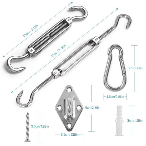 Heavy Duty Stainless Steel Sun Shade Sail Hardware Kit For Garden And Patio, showing stainless steel turnbuckles and fixings.