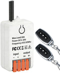 Slick Forward And Reverse Remote Switch With Dual Wireless Controllers For Heavy Duty Linear Actuators, Garage Doors, Curtains, And Bed Lifting Systems Operating On DC 5V To 30V With A Punchy 30A Load Rating, featuring a compact receiver and two remotes.