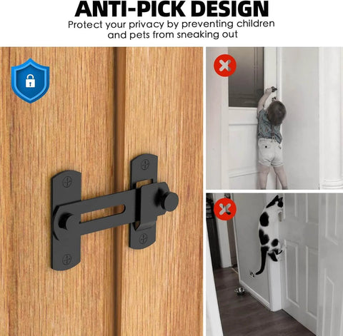 Image of Two Pack Barn Door Lock With 180 Degree Flip For Privacy Durable Sliding Door Latch keeping kids and pets safe on wood door.