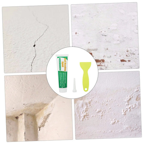Two Pack Wall Mending Repair Cream With Scraper Quick Crack Fix For Home And Office DIY Patch Paste Easy To Use Self Adhesive Wall Hole Repair Paste To Fix Cracks And Holes Fast, showing product with scraper and wall damage examples for repair.