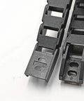 Black Reinforced Nylon Drag Chain Cable Carrier For CNC Machines close-up, 1 Meter Length, Internal Size 10x15 mm, External Size 13.5x24.5 mm