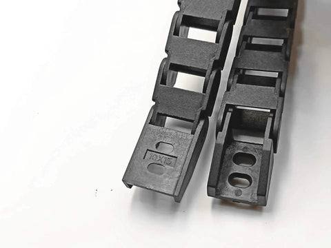 Black Reinforced Nylon Drag Chain Cable Carrier For CNC Machines close-up, 1 Meter Length, Internal Size 10x15 mm, External Size 13.5x24.5 mm