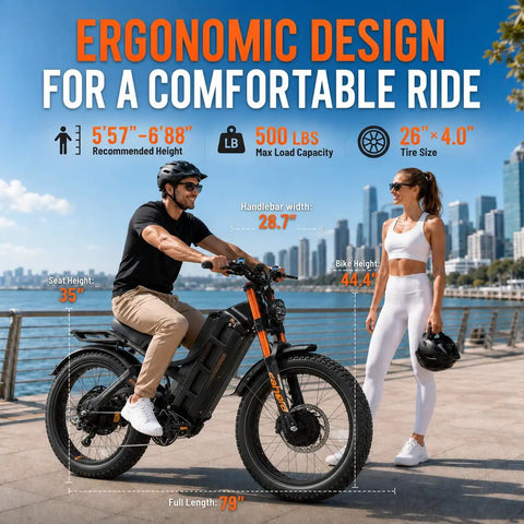 Heavy Duty Dual Motor Electric Bike For Adults, 6000W 52Mph Beast Mode Off Road E Bike With 300 Mile Range, 26x4.0 Fat Tires And Full Suspension Weekend Warrior Rig with ergonomic design features.
