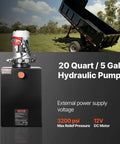 Beefed Up 12V DC Double Acting Hydraulic Power Unit For Dump Trailers, 20 Quart Steel Reservoir, in field with dump trailer