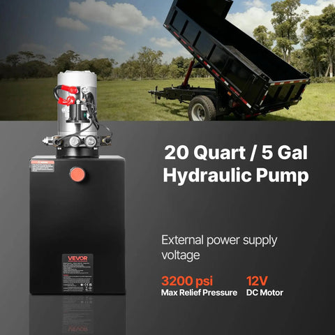 Beefed Up 12V DC Double Acting Hydraulic Power Unit For Dump Trailers, 20 Quart Steel Reservoir, in field with dump trailer