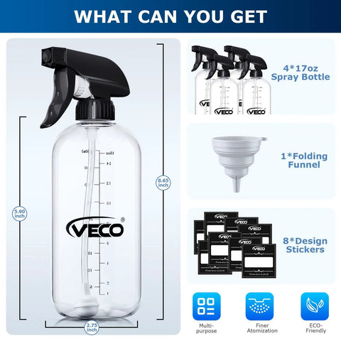 4 Pack 17oz Spray Bottles With 360 Degree Gravity Ball Straw For Upside Down Spraying, including foldable funnel and stickers