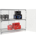 Rock Solid One Tier Two Door Wire Mesh Security Locker With Height Adjustable Shelf, gray steel frame holding tools.