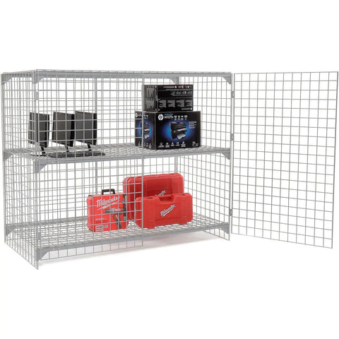 Rock Solid One Tier Two Door Wire Mesh Security Locker With Height Adjustable Shelf, gray steel frame holding tools.