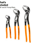 3-Piece Classic Klaw Pump Pliers Set With 7 Inch, 10 Inch And 12 Inch Pliers, V-Jaw Design, orange handles, close-up view.