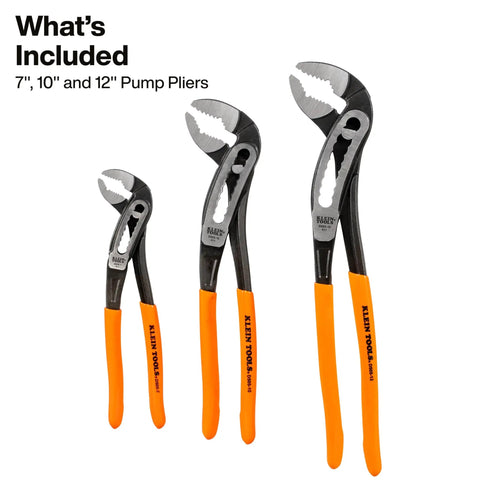 3-Piece Classic Klaw Pump Pliers Set With 7 Inch, 10 Inch And 12 Inch Pliers, V-Jaw Design, orange handles, close-up view.