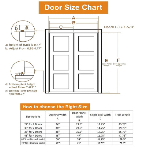 Bifold Door Hardware Kit, 2-Pack 30-Inch Bi-fold Closet Door Track Kit size chart with measurements and door dimensions.