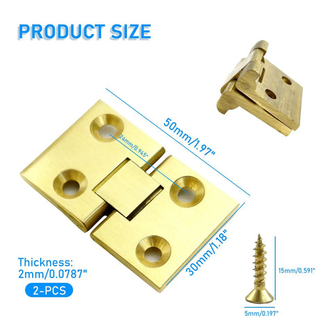 Heavy Duty Brass Flip Top Hinges For Furniture And Cabinet Doors Featuring 180 Degree Folding Concealed Joints Crafted From Real Solid Metal With Mounting Screws For Diy Projects That Are Damn Near Indestructible, showing dimensions 50mm x 30mm.