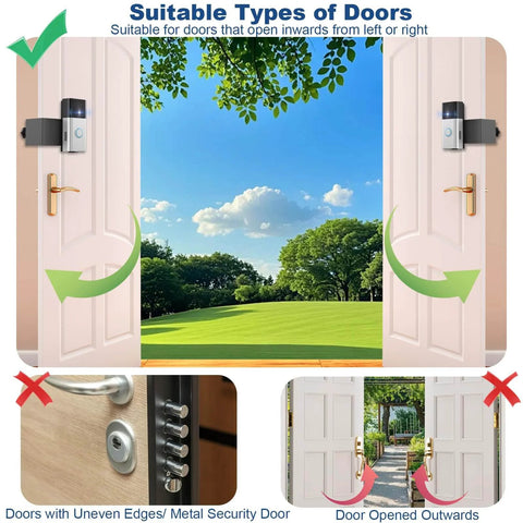 Anti Theft Video Doorbell Mount No Drill Bracket installed on doors with view of outside landscape