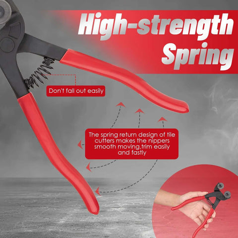 Glass tile nippers 7-inch with red rubber handles and built-in spring; includes 2 replacement blades and Allen wrench.