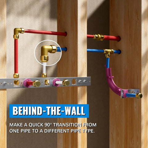 Half Inch Push To Connect PEX Elbow, 90 Degree Brass Fitting for PEX Copper CPVC installed in a wall plumbing setup