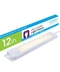 Premium Linkable LED Under Cabinet Light 12 Inch 415 Lumens 3000K Warm White with packaging showing size and features