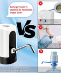 Portable USB Electric Water Bottle Pump For Travel, Home And Office, Automatic Drinking Water Dispenser showcasing comparison with manual pumps