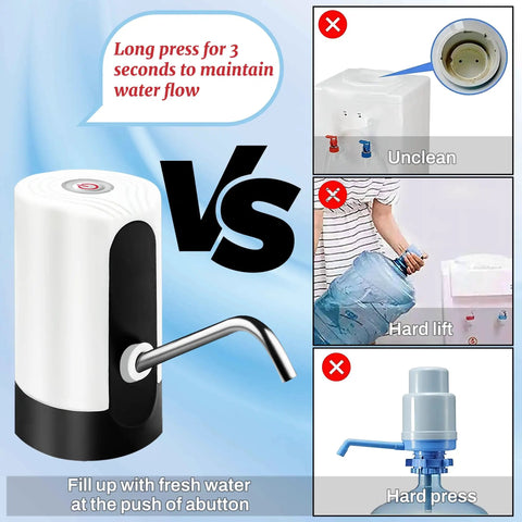 Portable USB Electric Water Bottle Pump For Travel, Home And Office, Automatic Drinking Water Dispenser showcasing comparison with manual pumps