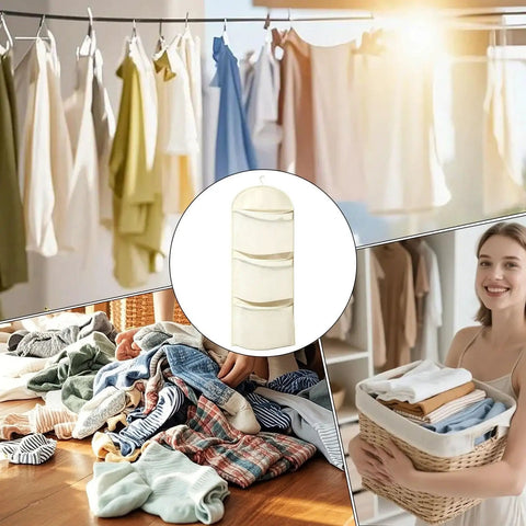 Compact Triple Tier Hanging Closet Organizer With Airy Mesh Pockets Ideal For Bras Bottoms And Socks hangs in a bright closet.