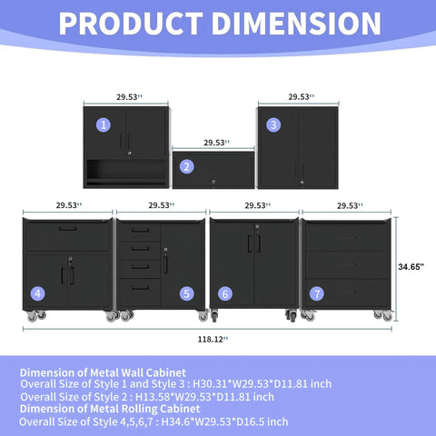 Dimensions of Beefy Heavy Duty Garage Storage Cabinet Set 6pc With Lockable Rolling Tool Cabinets And Adjustable Shelves detail.