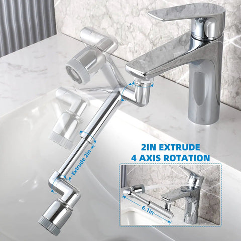 1440 Degree Rotating Faucet Extender With 3 Water Modes Robotic Arm Chrome Faucet Aerator, showing 2-inch extrusion and rotation.