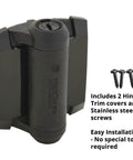Heavy Duty Self Closing Gate Hinges With Adjustable Tension For Pool Safety Fences, Square Black Metal Hardware, Quick Install No Sweat Setup, 2 Pack shows hinge with trim covers and screws.