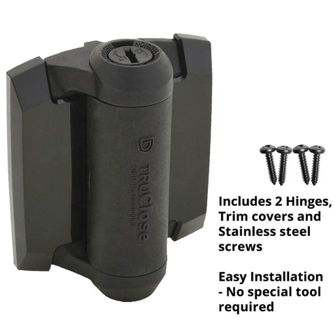 Heavy Duty Self Closing Gate Hinges With Adjustable Tension For Pool Safety Fences, Square Black Metal Hardware, Quick Install No Sweat Setup, 2 Pack shows hinge with trim covers and screws.