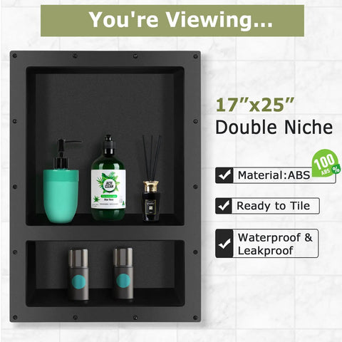 Recessed Shower Niche Organizer With Two-Tier Shelves, 14x16.5 Big Grid And 14x6 Small Grid, Tile Ready Waterproof ABS Construction