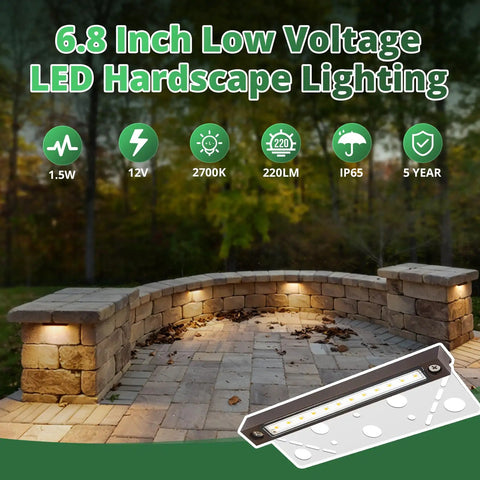 Eight Pack 6.8 Inch LED Hardscape Lights Low Voltage Waterproof Retaining Wall Outdoor Step Lighting 2700K 1.5W