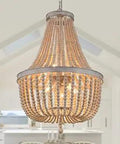 Farmhouse Wood Beaded Chandelier With Oak White Finish 8 Light Retro Vintage Rustic Boho Pendant Light Fixture