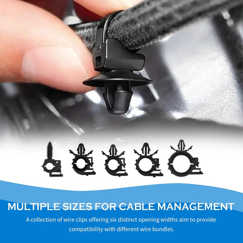 Hand using 130 Piece Car Wire Loom Clips Kit With Five Sizes Push In Wire Harness Clamps Keeps Cables Neatly Sorted Universal Loom Clips