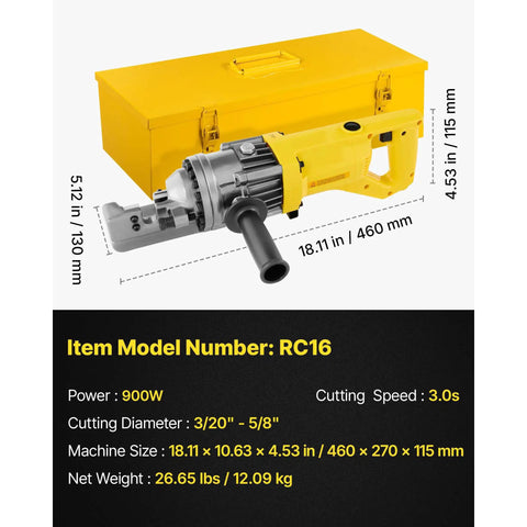 Happybuy Electric Hydraulic Rebar Cutter with stainless steel carry case, 900W motor, 18.11 inches long for construction use.