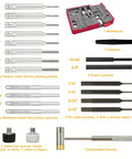 Non Slip Bench Block Kit With Universal Gun Block And Pro Pin Punch Set showing tools with organizer box and detachable hammer.