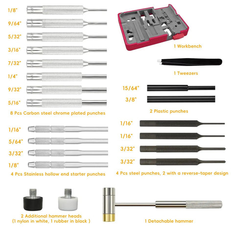 Non Slip Bench Block Kit With Universal Gun Block And Pro Pin Punch Set showing tools with organizer box and detachable hammer.
