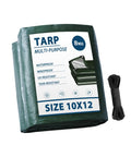 Heavy Duty Waterproof Tarp 10x12 Green For Camping And Outdoors 8 Mil Thick With Reinforced Grommets packaging front view