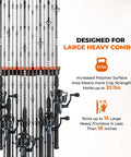 Heavy Duty Vertical Fishing Rod Holder Wall Mounted Rack Hooks Up 15 Large Rods Or Rod And Reel Combos In Just 18 Inches Of Wall Space Holds Up To 33 Lbs Easy 3 Screw Install Perfect For Freshwater Or Saltwater Gear displaying organized rods.