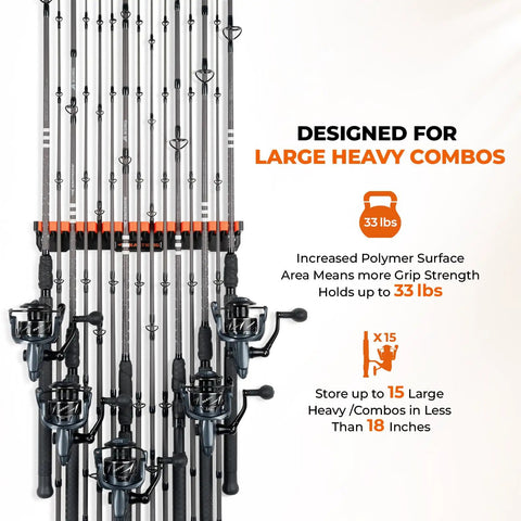 Heavy Duty Vertical Fishing Rod Holder Wall Mounted Rack Hooks Up 15 Large Rods Or Rod And Reel Combos In Just 18 Inches Of Wall Space Holds Up To 33 Lbs Easy 3 Screw Install Perfect For Freshwater Or Saltwater Gear displaying organized rods.
