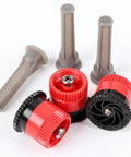 Heavy Duty 10 Pack Variable Arc Sprinkler Head Replacement For Pop Up Irrigation Nozzles showing red and black sprinkler heads with filter screens.