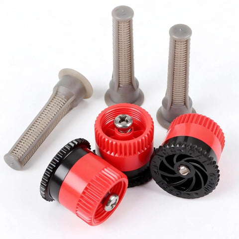 Heavy Duty 10 Pack Variable Arc Sprinkler Head Replacement For Pop Up Irrigation Nozzles showing red and black sprinkler heads with filter screens.